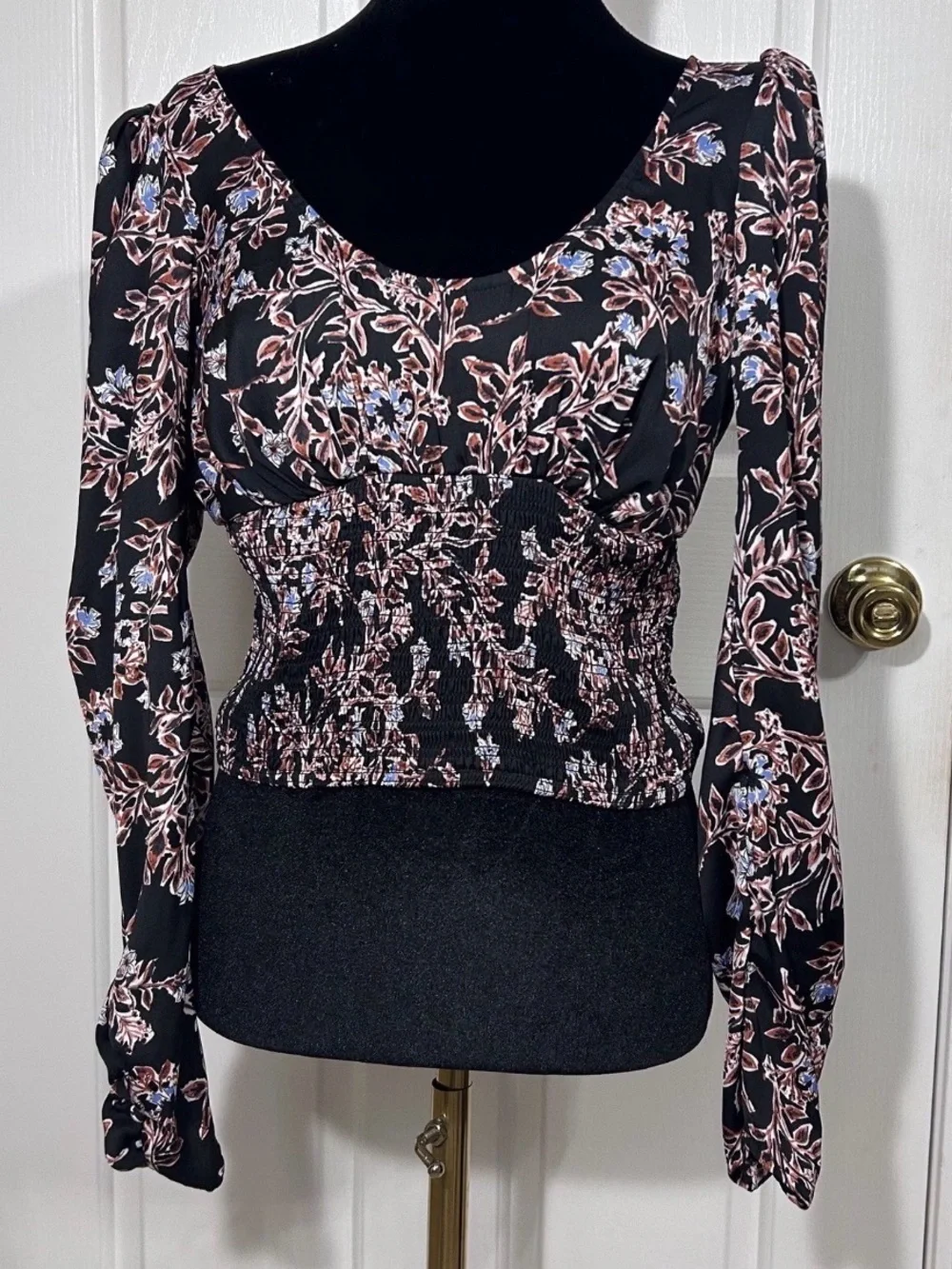 Free People Santiago Floral Smocked Long Sleeve Crop Top M